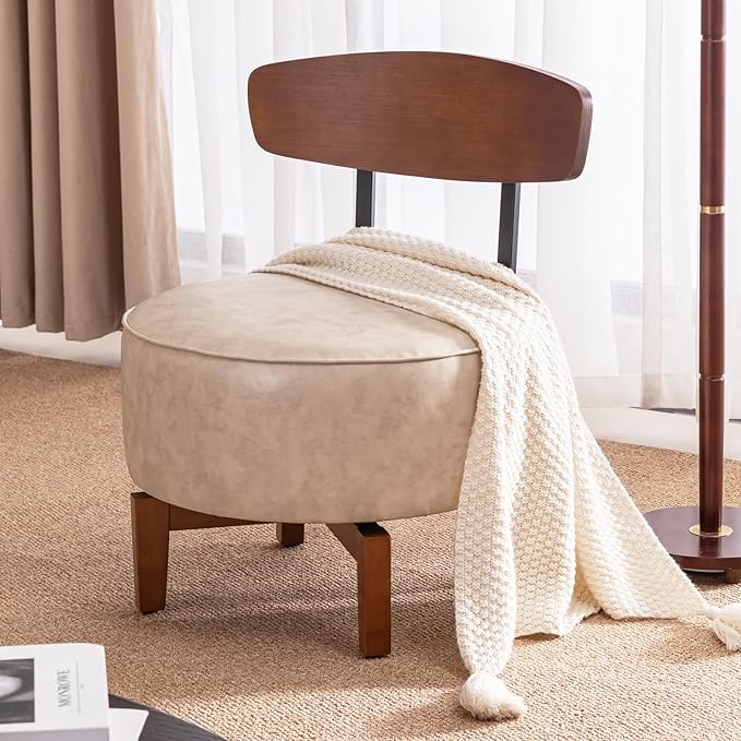 Swivel Accent Chair Living Room Chair with Back, upholstered Wood mid Century Modern Chair for Bedroom Office, Faux Leather Sand Gray