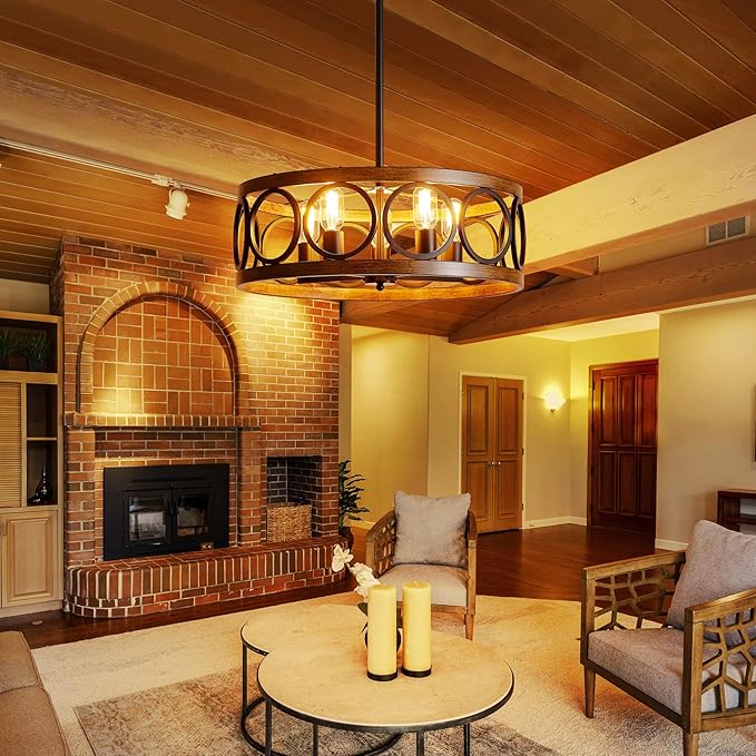XINGQI Modern Farmhouse Chandelier 5 Lights Black Wood Grain Dining Room Pendant Lighting Fixture 21.7" Drum Chandelier for Living Room Entryway Bedroom