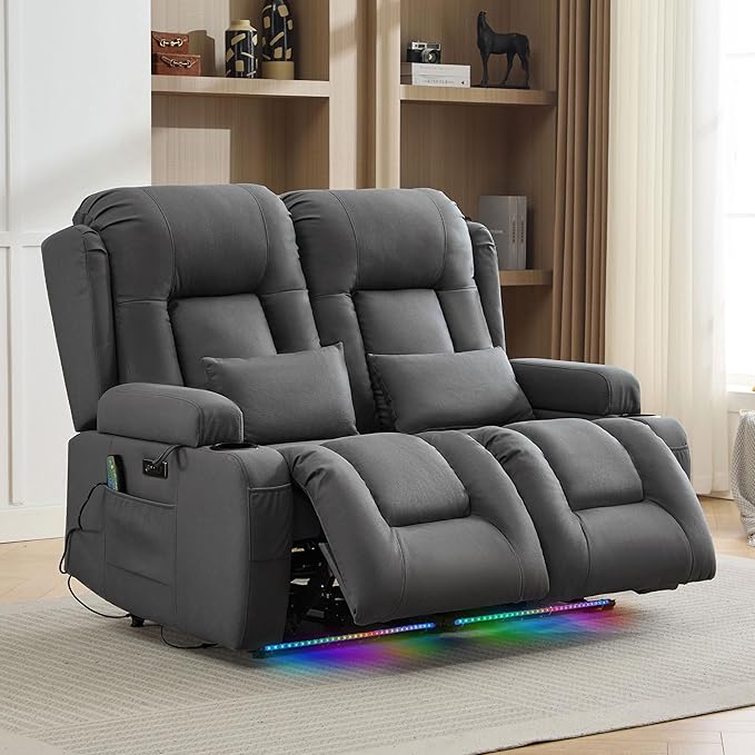 TUNYI Wall Hugger Loveseat Recliner Sofa with Massage & Heat, Power Reclining Loveseat RV Couch with USB/Outlet/Storage/LED Light/Speaker (Grey)