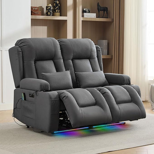 TUNYI Wall Hugger Loveseat Recliner Sofa with Massage & Heat, Power Reclining Loveseat RV Couch with USB/Outlet/Storage/LED Light/Speaker (Grey)