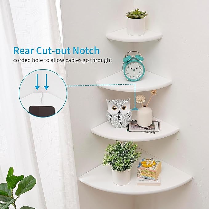 Corner Shelves, Floating Corner Shelf, Set of 2 White Solid Oak Wood Wall Shelves, Round End Wall Mount with Wire Hole Shelving for Small Plant for Bedroom Kitchen, Living Room 8.7"