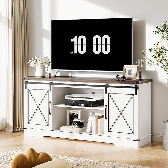GarveeHome Farmhouse TV Stand for TV up to 65 in and Entertainment Center with Sliding Barn Doors, Tv Media Console Table with Storage Cabinet for Living Room, Bedroom, White & Brown