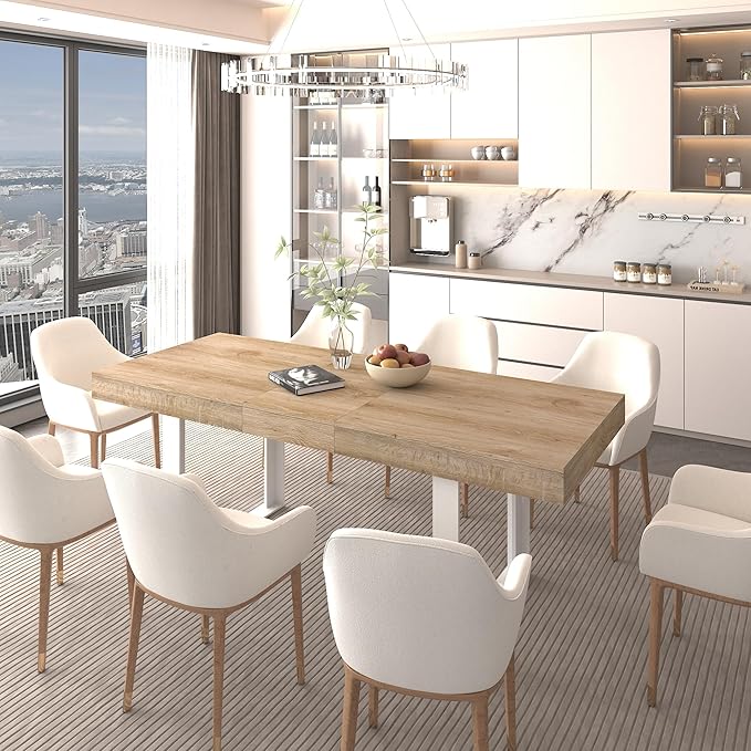 KEIKI 62.99'' to 78.7'' Extendable Dining Table, Modern Farmhouse Expandable Kitchen Table for 6-10 People, Large Wooden Conference Table