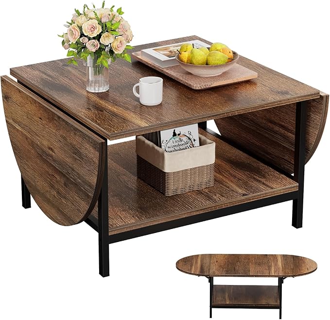 SAYGOER Folding Coffee Table for Living Room, Small Coffee Tables with 2-Tier Storage, Mid Century Modern Center Table for Small Space, Oval Farmhouse Table Square, Dark Brown