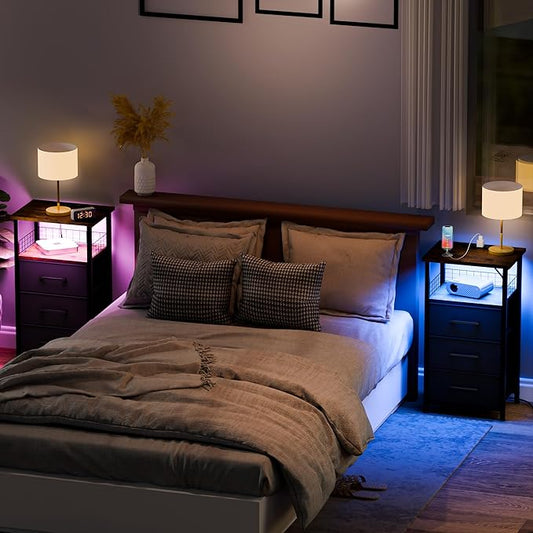 Night Stand Set 2 with Charging Station, End Table Set of 2 with 20 Colors LED Light Strip, 3 Fabric Drawers, Bedside Table with USB Ports and Outlets for Bedroom (Rustic Brown)