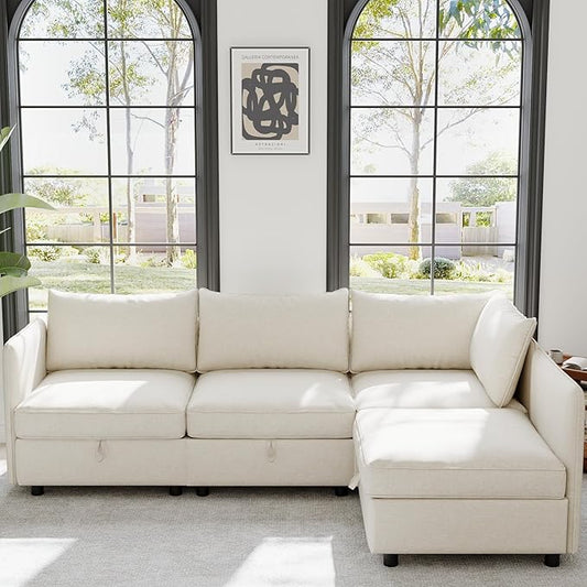 98.5-Inch L-Shaped 4 Seat Modular Sofa Deep Seat Storage Sectional Sofa Couch Free Combination with Storage Space, 4 Seat Chenille Upholstered L-Shaped Convertible Corner Couch for Home Apartment | Space Saving