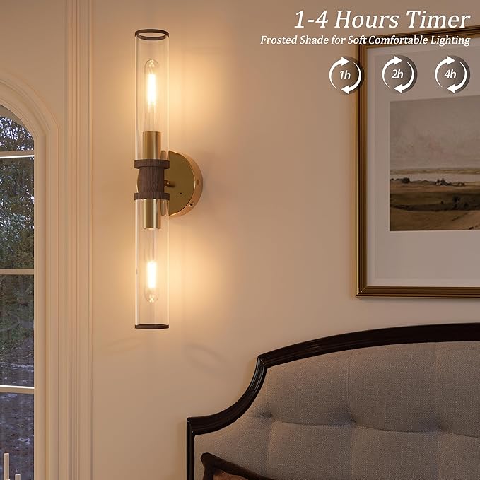 Battery Operated Wall Sconce Set of 2, Gold & Walnut Rechargeable Wall Sconces, Modern Cordless Wall Lights with Remote Control, Dimmable for Living Room, Bedroom, Bathroom, Hallway, Entryway 3000K
