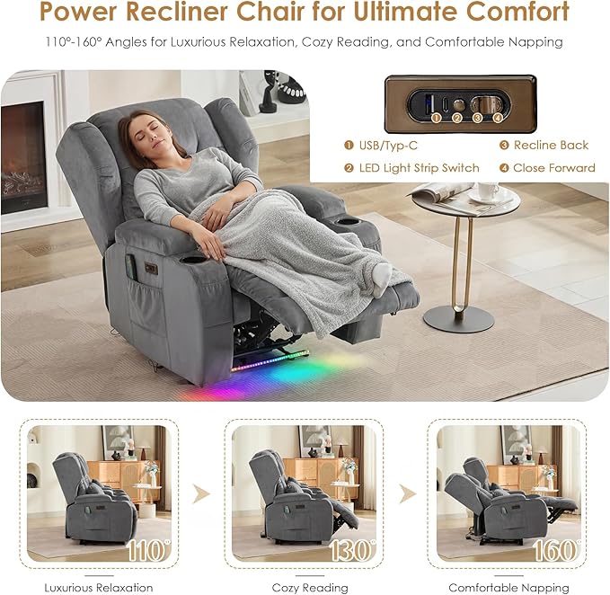 SAMERY Power Recliner Chair, Electric Wall Hugger Recliner Chair Reclining Sofa Home Theater Seating for Living Room with Massage & Heat, USB, LED Lights, Cup Holders, Side Pockets, Lumbar Pillow | 1-Inch Wall Hugger, Extra Wide Seat, Full Body Comfort...