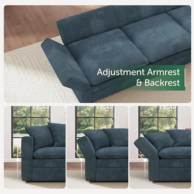 HONBAY Modular Sectional Sofa, 5 Seaters Corduroy Sectional Couch, L Shaped Sofa with Storage & Adjustable Backrest, Blue