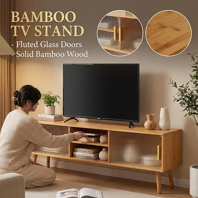 Bamboo TV Stand Entertainment Center- Mid-Century Modern Television Stand for 55-65 inch TVs, Bamboo Media Console Table, Open Storage Shelves for Living Room, Bedroom and Home Decor