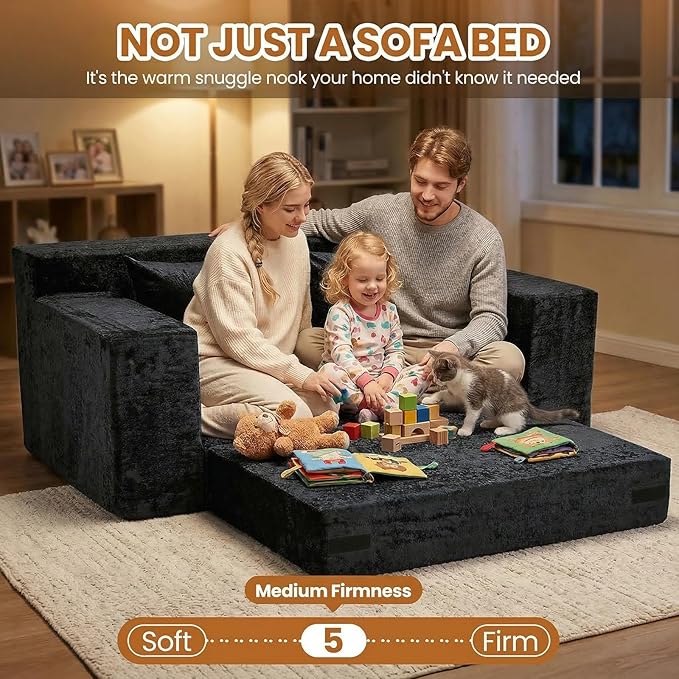 Convertible Sofa Bed, 5 in 1 Small Boneless Couch Pull Out Loveseat Sleeper Sofa,Corduroy Futon Couch Folding Mattress with 4 Pillows for Living Room (Black, Loveseat(Silky Velvet))