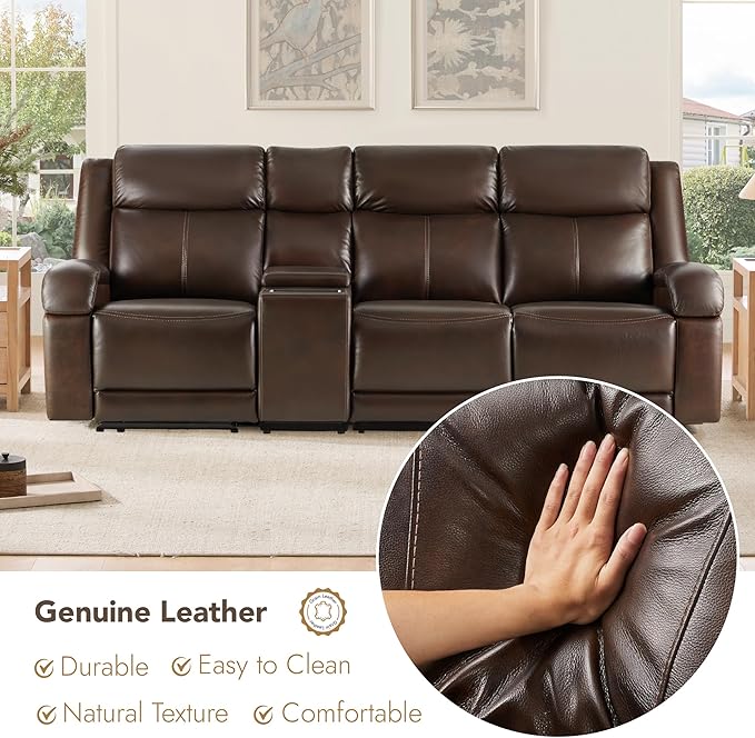 Watson & Whitely Genuine Leather Power Recliner Sofa, 3 Seater Wall Hugger Reclining Sofas with Storage Console, Power Headrest, USB, Electric Recliner Couch Set for Living Room, Dark Brown