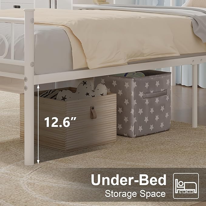 VECELO Twin Size Bed Frame with Headboard, 14 Inch Metal Platform Mattress Foundation, No Boxing Spring Needed, Squeak Resistant, Easy Assembly, Off White