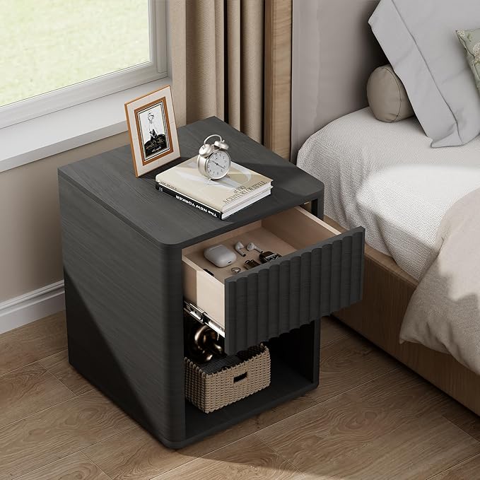 VICITON Fluted Narrow Night Stand,Thin Nightstand with Leather Surface, Small End Table with Storage, Living Room/Bed Side Table for Small Spaces (Dark Gray, Large)
