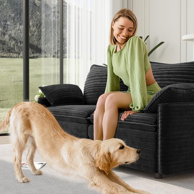 Vesgantti 74" Loveseat Sofa for Living Room, Comfy Cloud Couch Deep Seat Corduroy Modern 2 Seater Small Sofa with Armrest Pillow, Easy Assembly for Small Spaces, Black | Sink-in Comfort, Height Adjustable, Easy Rearrangement, Extra-deep Ottoman, Solid ...