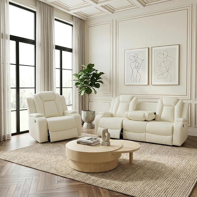 Power Recliner Sofa Set, Air Leather Reclining Couch with LED/Cup Holders/Storage, 2 Pieces Reclining Living Room Furniture, Creamy White Leather Sofa and Chair for House/Apartment/Office