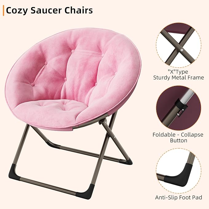 IDEALHOUSE Comfy Folding Padded Saucer Chair, Folding Circle Chair with Metal Frame, Soft Moon Chair for Bedroom, Dorm Rooms, Apartments, Lounging, Garden and Courtyard, Pink