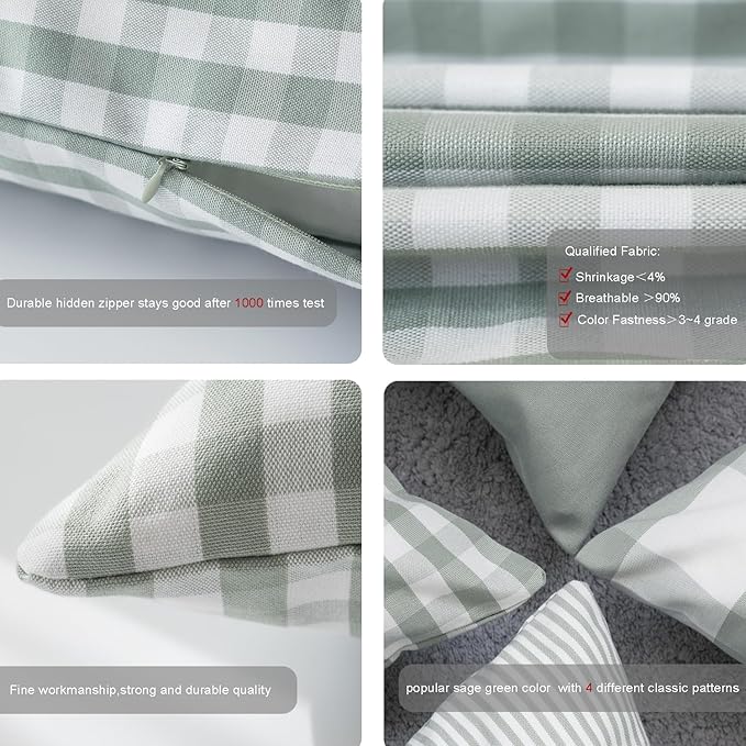 HOPLEE Farmhouse Sage Green Fall Pillow Covers 20x20 Cushion Cover with Buffalo Plaid, Solid Sage Green, Striped and Gingham Plaid Design 20x20 inch,4 Pack