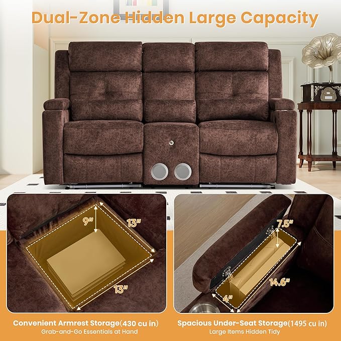 Power Reclining Loveseat with Flip Backrest, Power Loveseat Recliner Sofa with LED Lights, Bluetooth Speaker, 3-Seater Recliner Sofa with Arm/Seat Storage (Brown, Loveseat with Console)