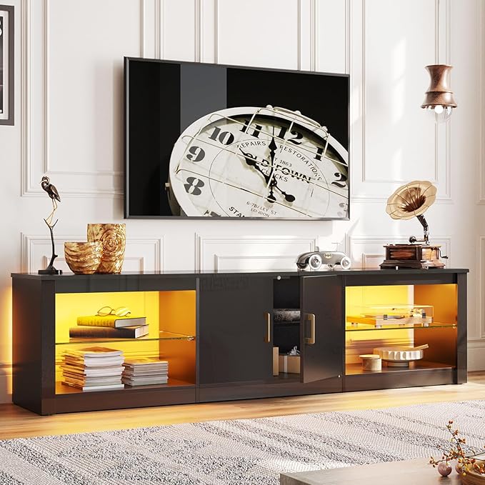 Bestier LED TV Stand for 75 Inch TV Large Entertainment Center Gaming with Storage Glass Shelves Two Cabinets Modern TV Console for Living Room