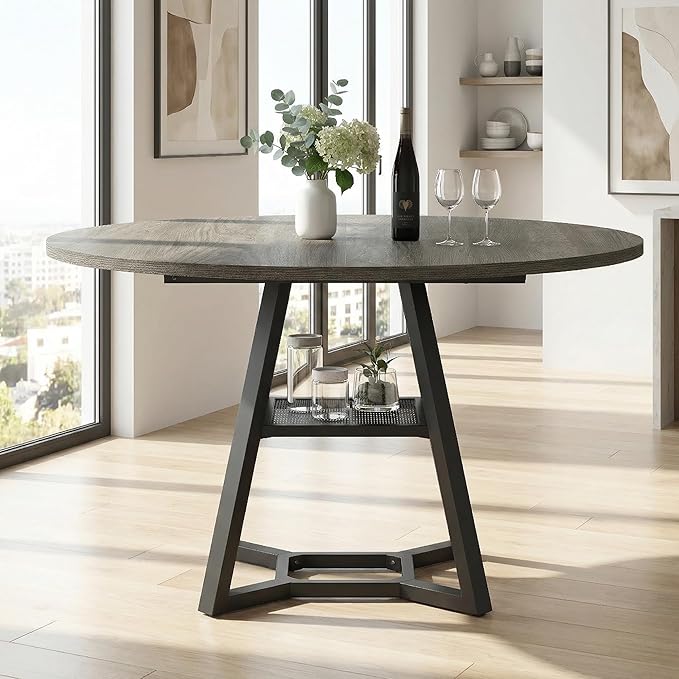 Round Dining Table for 4-6 with Storage Shelf, Kitchen & Dining Room Circle Pedestal Table, Heavy Duty Metal Frame & Wood Top
