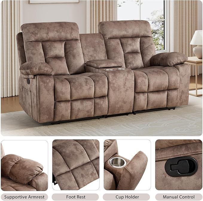 EBELLO Loveseat Recliner Sofa for Living Room, Extra Wide Modern Overstuffed 2 Seat Reclining Manual Sofa Chair, with Hidden Armrest Cup Holders, Breathable Fabric, Brown