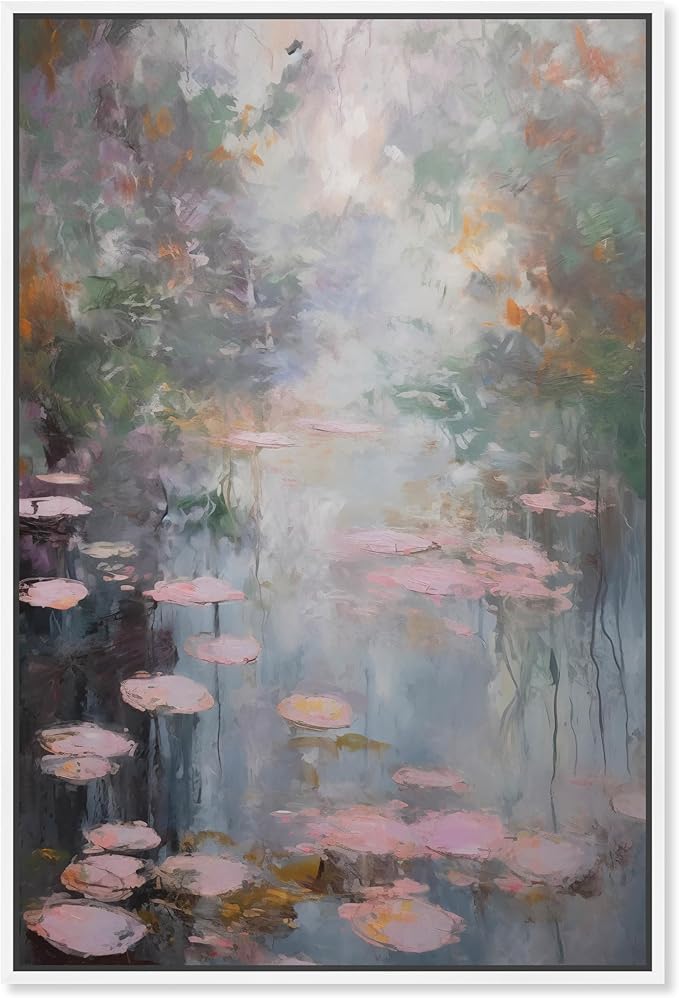 Art Remedy Pink Impressionisty Lilypads Framed Impressionism 1 Piece Canvas Wall Art/Monet And Van Gogh Inspired Art, 31" x 46", White Frame