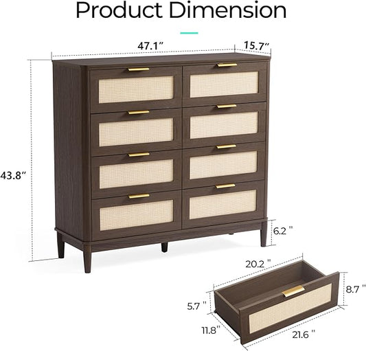 LINSY Rattan 8 Drawer Dresser for Bedroom, 47" Wide Mid-Century Modern Tall Chest of Drawers, Deep Storage Dresser with Curved Corner Design, Large Accent Wood Cabinet for Bedroom, Walnut