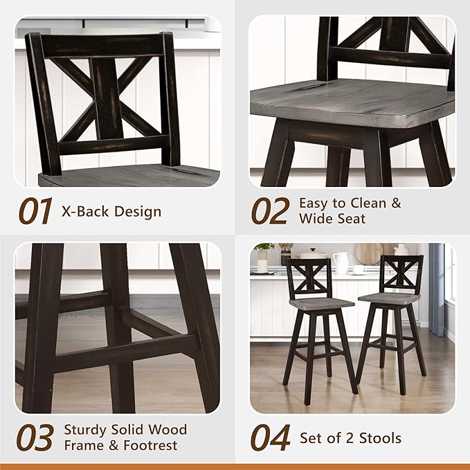 Lexicon Bar Height Bar Stools Set of 2-Solid Wood Frame 360° Swivel Wooden Stools, Foot Rest, X Back, Wide Seat, Distressed Farmhouse Easy to Clean Finish, 28.5" SH, Antique Black/Grey
