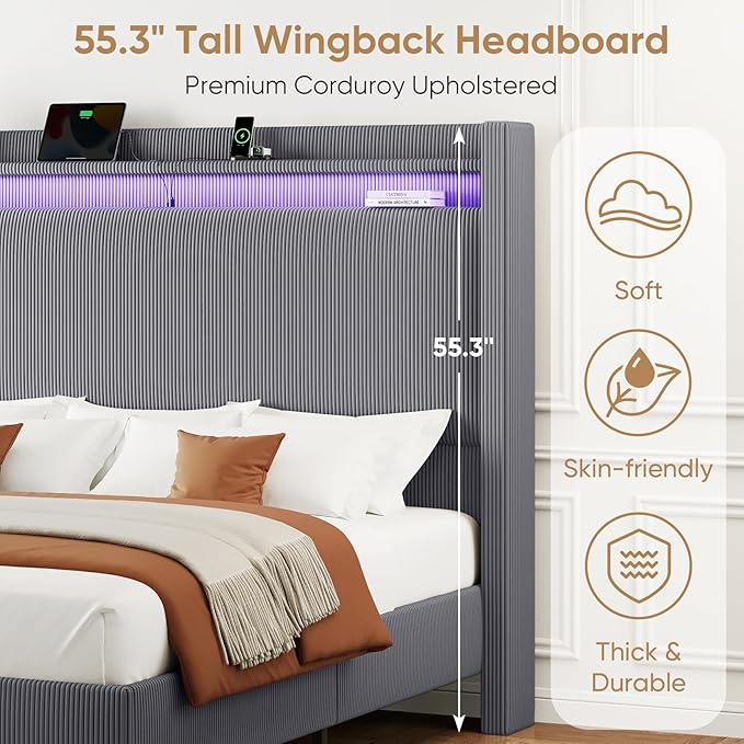 King Bed Frame with 55.3" Tall Headboard, Corduroy Upholstered Platform Bed with LED Lights & Charging Station, Wingback Storage Headboard, Solid Wood Slats,Noise Free,No Box Spring Needed,Dark Grey
