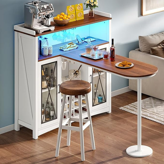 YITAHOME Mini Home Bar Unit with Wine Bar Cabinet & LED Light, Tall Height Large Bar Table with Wine Rack, Farmhouse Coffee Cabinet with Storage Glasses Hanger Footrest for Home Kitchen Pub, White