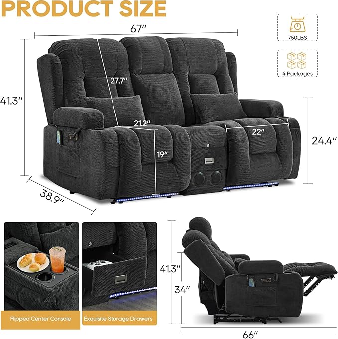 IPKIG Power Recliner Sofa with Flip-Up Backrest Console, USB & USB-C Ports, AC Outlet, LED Lights, Wall Hugger Recliners for Living Room, RV (Charcoal, 67" - 3 Seat) | Velvet Fabric, Zero Gravity, Dual Reclining, 2 Lumabr Pillow, Bluetooth Speakers