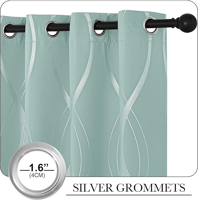 NICETOWN Aqua Blue Stripe Curtain Panels 63 inch Long for Dining Room and Patio, W52 x L63 inch, Wave Line Foil Print Design Pattern Drapes for Modern Apartment Wall Decor, 2 Panels