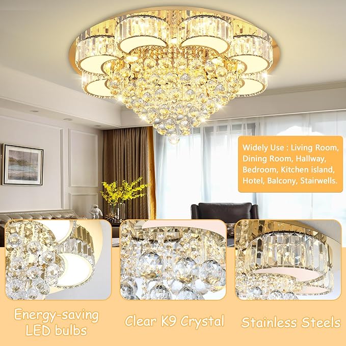 31.4'' Gold Modern Crystal Chandeliers for Dining Room LED Dimmable Light Fixtures Flush Mount Light Living Room Bedrooms