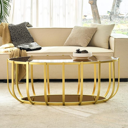 Saint Mossi Glass Oavl Coffee Table for Living Room, Modern 2-Tier Gold Center Table, Brown Glass Top and Brown Mirror Shelf with Gold Finish Legs & Frame