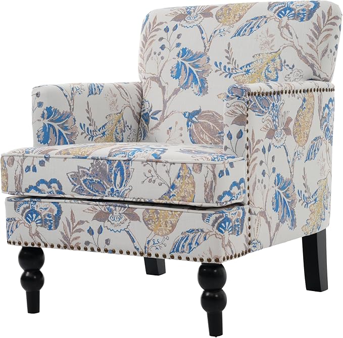 Christopher Knight Home Eve Modern Upholstered Club Chair, Wooden Living Room Accent Chair, Bedroom Comfy Reading Chair, Multifunctional Armchair, Beige+Blue