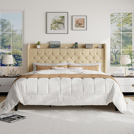 SHA CERLIN King Size Platform Bed Frame with Charging Station, Velvet Wingback Headboard with Storage Shelf, Wooden Slats Support, Ample Under-Bed Space, No Box Spring Needed, Easy Assembly, Beige