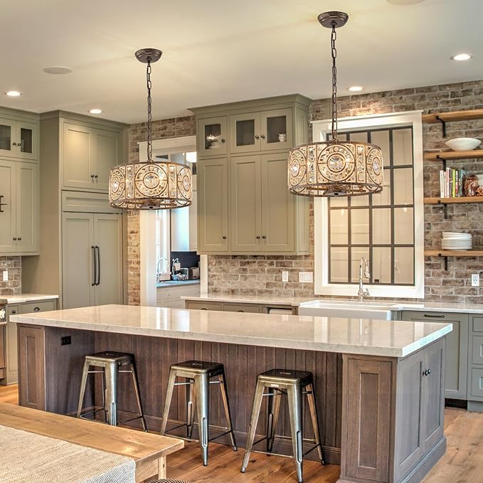 Bronze Vintage Crystal Chandeliers for Dining Room 14.17" Drum Pendant Lights, Dining Room Light Fixtures Over Table, Hanging Chandelier for High Ceiling Kitchen Island Living Room Foyer
