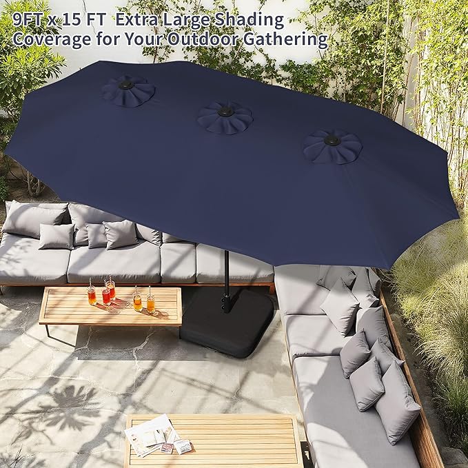 Shintenchi 16FT Large Patio Umbrella with Base Included, Outdoor Double-Sided Rectangular Shade with Crank Handle for Poolside Lawn, Deck & Garden, Dark Blue