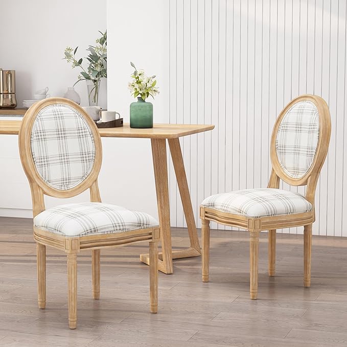 Phinnaeus Dining Chairs - Wood - Gray Plaid/Light Beige (Set of 2)