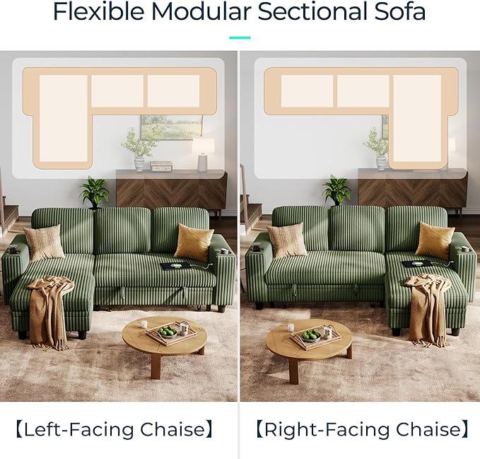 LINSY HOME Sectional Sleeper Sofa Pull Out Couches for Living Room (Green, Sleeper Sofa 1) | Pull Out Sofa Bed, Storage, USB Charging, Cup Holders, Plush Corduroy | Pull Out Sofa Bed, Storage, USB Charging, Cup Holders, Plush Corduroy, Convertible Sofa...