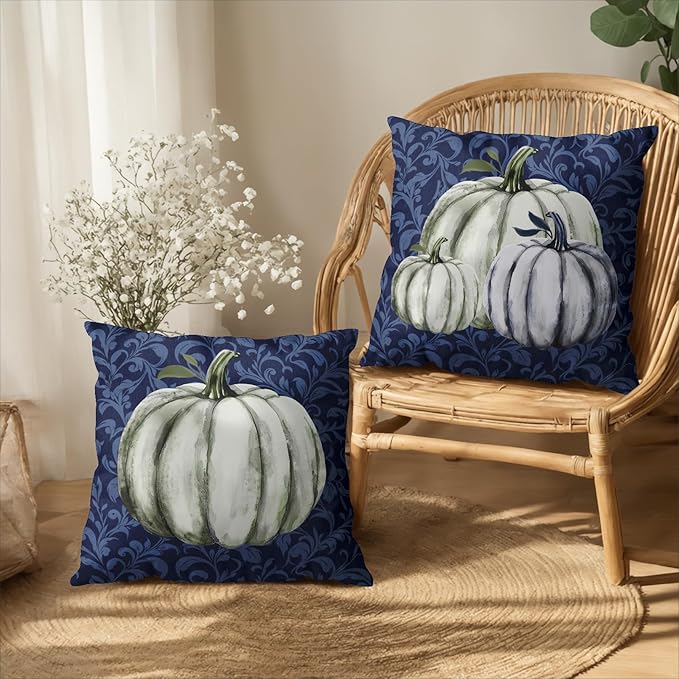 Fall Decorative Throw Pillow Covers 22 x 22 Inch Set of 2 Navy Blue White Pumpkin Outdoor Pillow Covers Autumn Thanksgiving Harvest Cushion Case for Farmhouse Living Room Decor