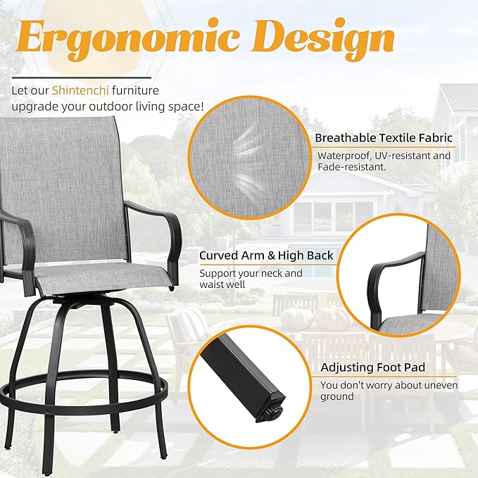 Shintenchi 4 Piece Patio Swivel Bar Chairs, All Weather Textile Outdoor Metal Bar Stools Patio Chairs Set of 4 with High Back, High Top Bistro Set Furniture for Balcony,Backyard,Garden,Deck,Light Grey