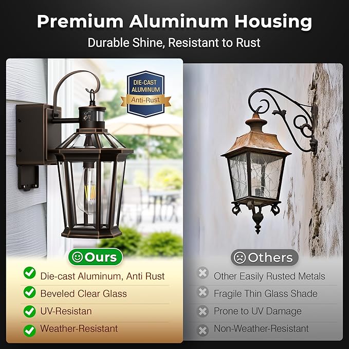 Gleamz Motion Sensor Outdoor Wall Light with GFCI Outlet, Oil-Rubbed Bronze Dusk to Dawn Outdoor Wall Lights Lantern, Exterior Lighting Fixtures for Garage Entrance, 5-Modes, Adjustable Sensitivity