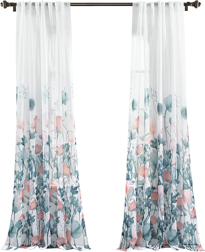 Lush Decor Zuri Flora Sheer Window Curtain Panels Pair 38" W x 84" L Blue & Coral - Sheer Curtains for Living Room - Floral Curtains for Bedroom
