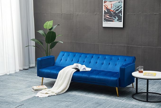 Eafurn Convertible Futon Sofa Bed, 75″Velvet Fabric Futons Loveseat Couch with Adjustable Backrest, Folding Sleeper Recliner Daybed for Living Room Furniture | Golden Legs, Wood Frame