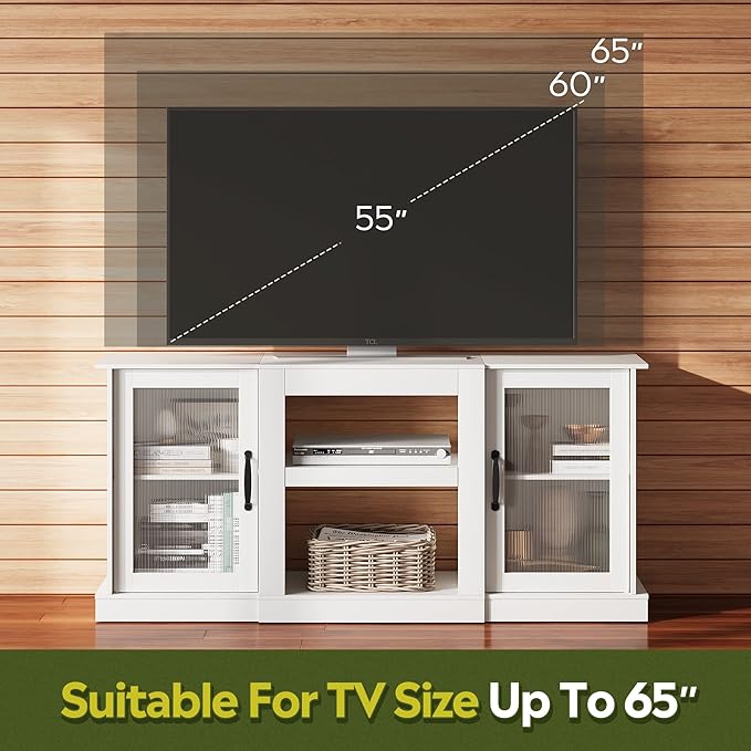 WLIVE Farmhouse TV Stand for 65 inch TV, 58" Entertainment Center with Storage Cabinets, Open Shelves TV Console for Living Room and Bedroom, White