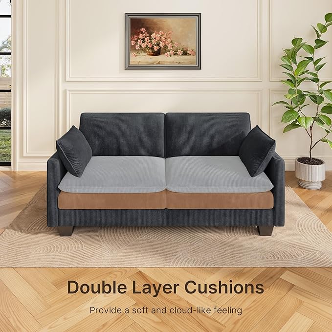 Gizoon 75” Small Cloud Loveseat Couches for Living Room, 2 Seater Love Seat Sofa with Comfy Deep Seat, Small Washable Couches with Removable Corduroy Cover for Apartment, Grey