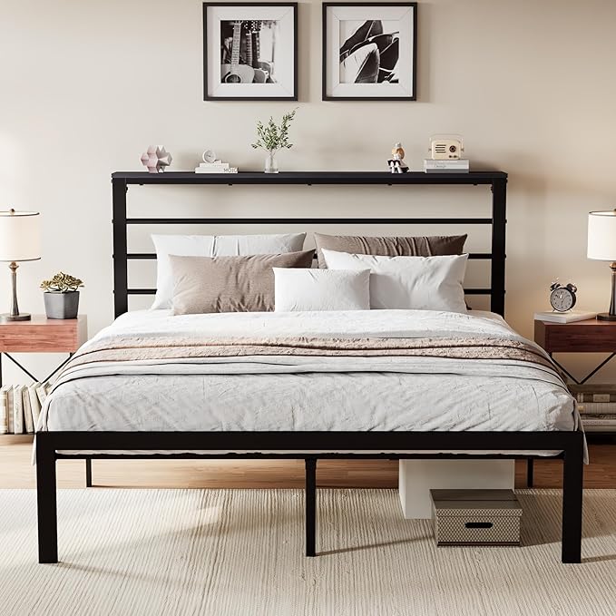 SHA CERLIN Full Size Bed Frame with Headboard Shelf and Strong Metal Foundation, No Box Spring Needed, Black