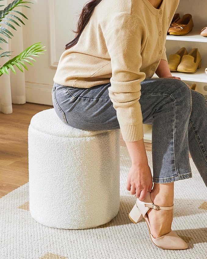 IBUYKE Storage Ottoman Set of 2 Round Ottoman Fleece Vanity Stool with Storage Velvet Footrest Stool End Table Boucle Ottoman for Home Organization UWBD015W